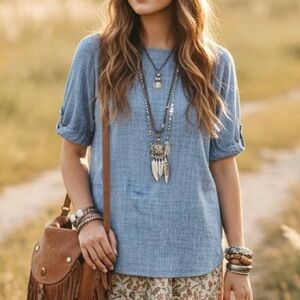 Charlie Paige Blue Textured Blouse Coastal Cowgirl Lagenlook Boho Linen Denim